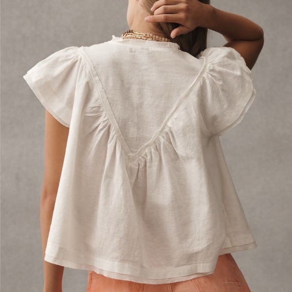 Anthropologie Short-Sleeve Smocked Linen-Blend Blouse S NWT - Picture 3 of 10